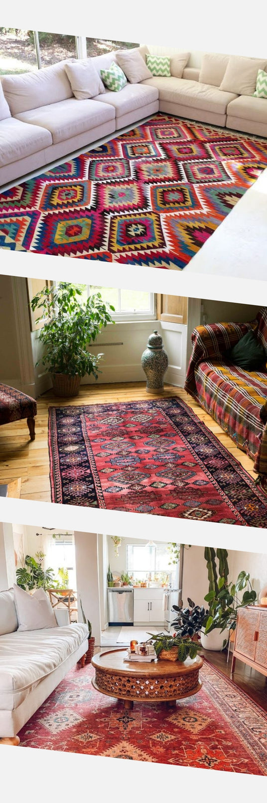 Living room interiors featuring handmade Turkish kilim rugs with traditional red and multicolor patterns, complemented by wooden tables, indoor plants, and cozy armchairs