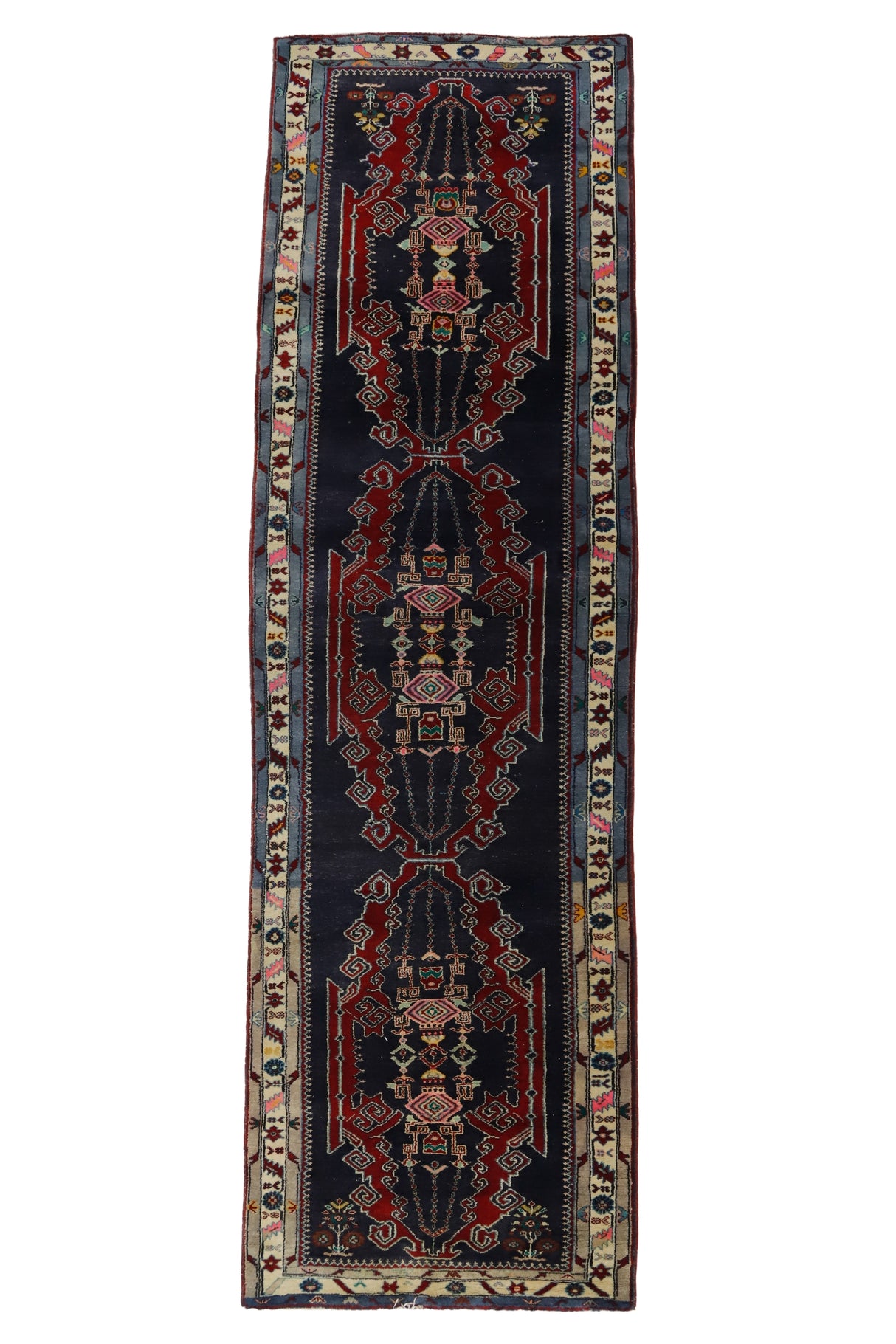 Borukkuyu / 4x13 Blue Vintage Tribal Rug Runner Front Side