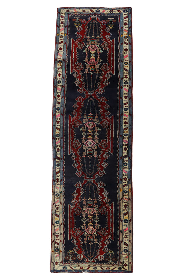 Borukkuyu / 4x13 Blue Vintage Tribal Rug Runner Front Side