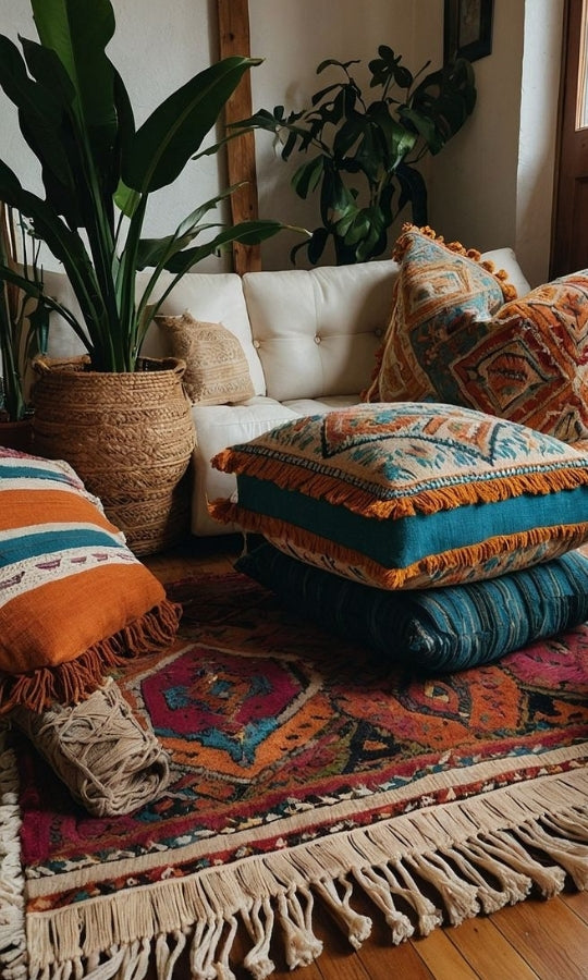 A cozy interior featuring a colorful vintage kilim rug with bold geometric patterns, layered with vibrant decorative pillows in orange, teal, and beige tones, alongside potted plants and a white sofa.
