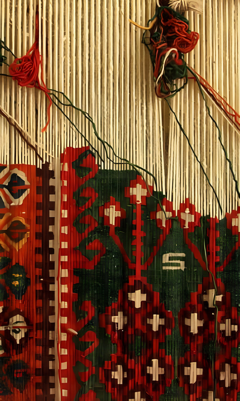 A close-up of a traditional Turkish kilim in the weaving process, showing vibrant red, green, and white geometric patterns with threads and yarn on the loom.
