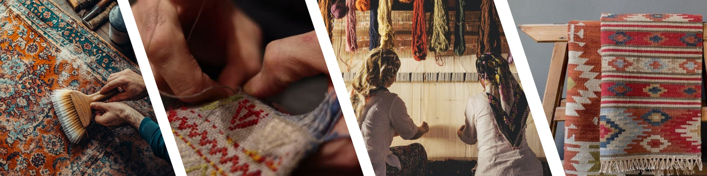 A series of photos showing the cleaning, repair, and restoration of a vintage rug, showcasing the careful handling and intricate work involved.